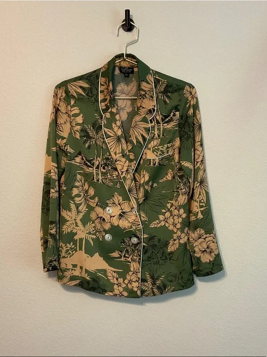 Topshop Olive Green Floral Double-Breasted Jacket Size 4 - Picture 2 of 9